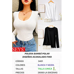 CAMISETA SEYS DAMA BAMBÚ CON POLAR 3401 DISEÑOS ACANALADO FINO TALLA UNICA L Y COLORES 8 NEGRA+4 BLANCA LA DOCENA