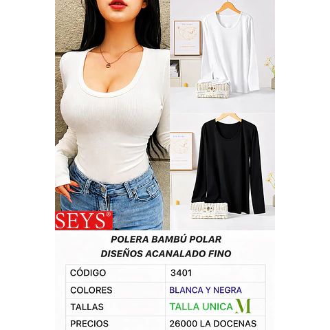 CAMISETA SEYS DAMA BAMBÚ CON POLAR 3401 DISEÑOS ACANALADO FINO TALLA UNICA M Y COLORES 8 NEGRA+4 BLANCA LA DOCENA