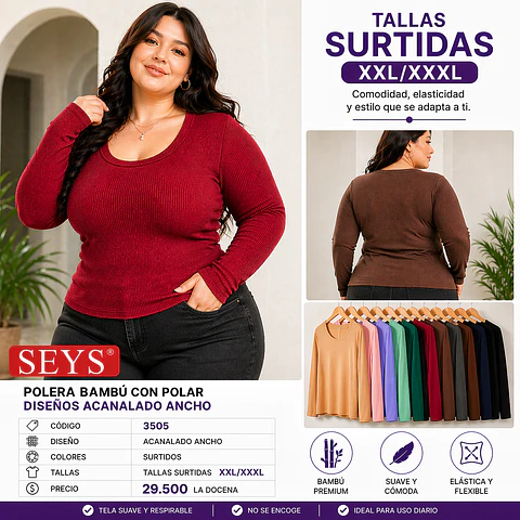 CAMISETA DAMA 3505 BAMBÚ CON POLAR DISEÑOS ACANALADO ANCHO TALLAS ESPECIALES XXL/XXXL Y COLORES SURTIDOS LA DOCENA 