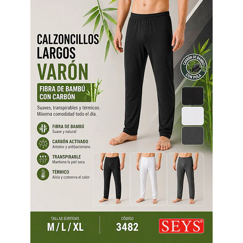 CALZONCILLOS LARGOS VARON SEYS BAMBU CON POLAR 3482 TALLAS Y COLORES SURTIDOS LA DOCENA 