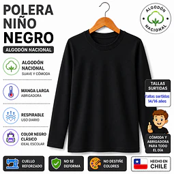 Poleras juveil unisex algodón Nacional color negra tallas surtidas 14/16 la docena