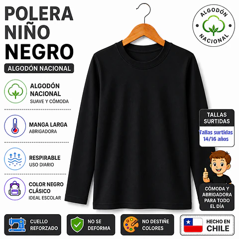Poleras juveil unisex algodón Nacional color negra tallas surtidas 14/16 la docena