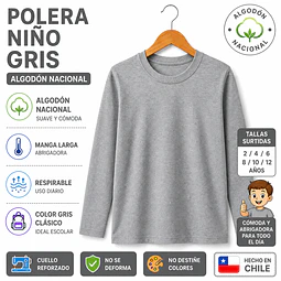Poleras niño unisex algodón Nacional color Gris tallas surtidas 2/4/6/8/10/12 la docena