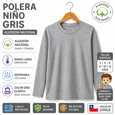 Poleras niño unisex algodón Nacional color Gris tallas surtidas 2/4/6/8/10/12 la docena