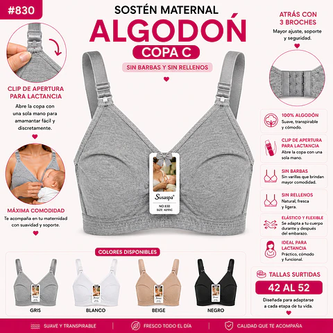 Sostén maternal Copa C algodón sin barbas y rellenos tallas y colores surtidas la docena 