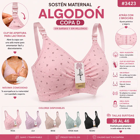 Sostén maternal Copa D algodón sin barbas y rellenos tallas y colores surtidas la docena 