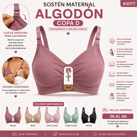 Sostén maternal Copa D algodón sin barbas y rellenos tallas y colores surtidas la docena 