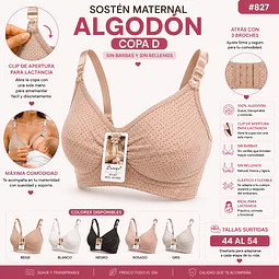Sostén maternal Copa D algodón sin barbas y rellenos tallas y colores surtidas la docena 