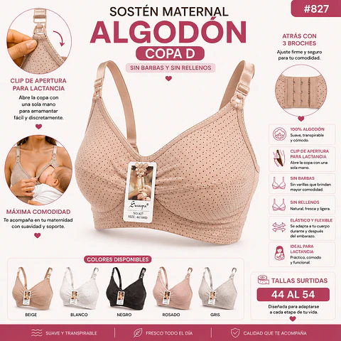 Sostén maternal Copa D algodón sin barbas y rellenos tallas y colores surtidas la docena 