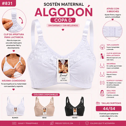 Sostén maternal Copa D algodón sin barbas y rellenos tallas y colores surtidas la docena 
