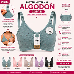 Sostén maternal Copa D algodón sin barbas y rellenos tallas y colores surtidas la docena 