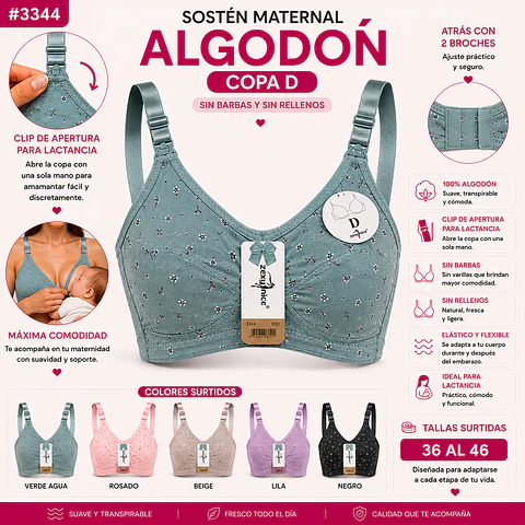 Sostén maternal Copa D algodón sin barbas y rellenos tallas y colores surtidas la docena 