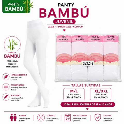 Pantys juvenil color blanco tallas surtidas la docena 