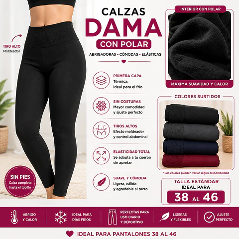 Calzas dama primera capas sin costuras tiros altos microfibra con polar talla estándar y colores surtidas la docena 