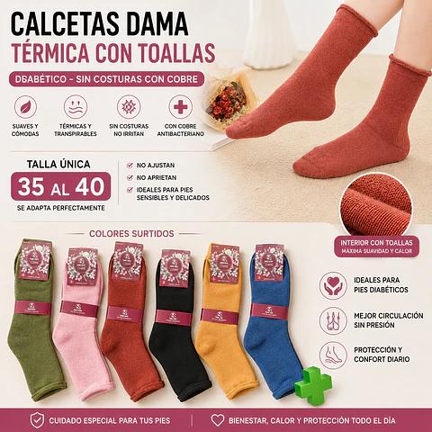 Calcetas dama diabético térmicas con toallas talla única 36/41 y colores surtidas la docena 