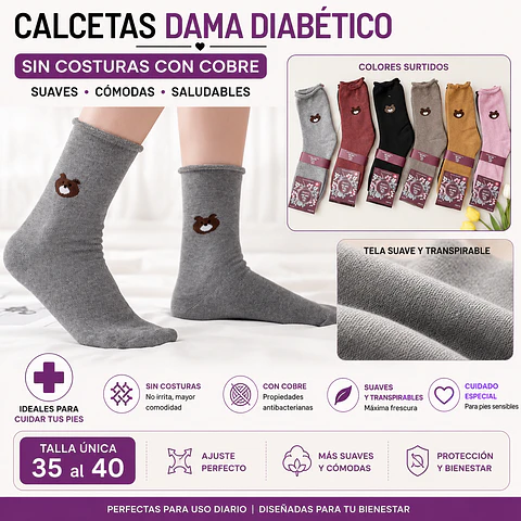 Calcetas dama diabético térmicas con toallas talla única 36/41 y colores surtidas la docena 
