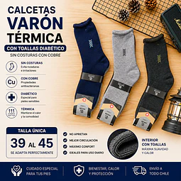 Calcetas Varon diabético térmicas con toallas talla única 39/45 y colores surtidas la docena 