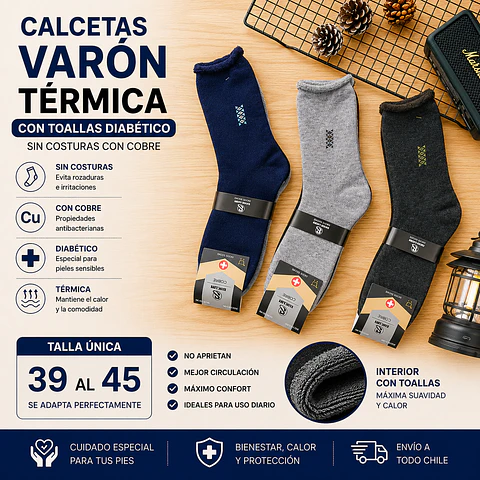 Calcetas Varon diabético térmicas con toallas talla única 39/45 y colores surtidas la docena 