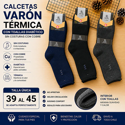 Calcetas Varon diabético térmicas con toallas talla única 39/45 y colores surtidas la docena 