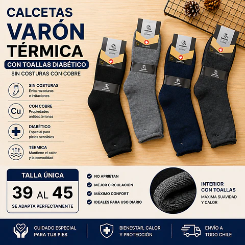 Calcetas Varon diabético térmicas con toallas talla única 39/45 y colores surtidas la docena 