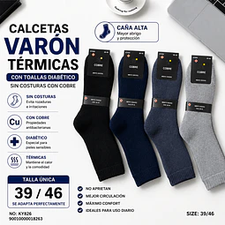 Calcetas Varon Caña alta diabético térmicas con toallas talla única 39/45 y colores surtidas la docena 