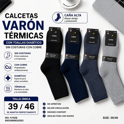 Calcetas Varon Caña alta diabético térmicas con toallas talla única 39/45 y colores surtidas la docena 