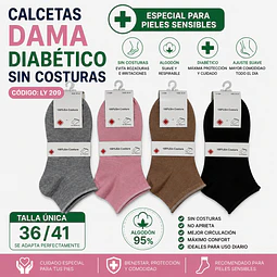 Calceta diabética liviana sin costuras LY 209 Para dama talla única 36/41 y colores surtidas la docena 
