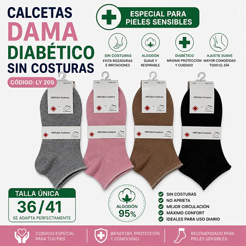 Calceta diabética liviana sin costuras LY 209 Para dama talla única 36/41 y colores surtidas la docena 