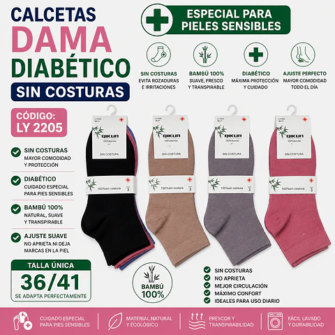 Calceta diabética liviana sin costuras LY 2205 Para dama talla única 36/41 y colores surtidas la docena 