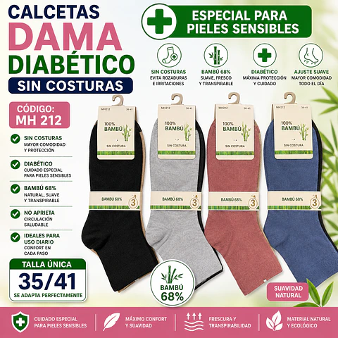 Calceta diabética liviana sin costuras MH 212 Para dama talla única 36/41 y colores surtidas la docena 