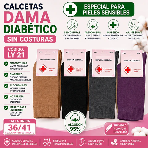 Calceta diabética liviana sin costuras LY 21 Para dama talla única 36/41 y colores surtidas la docena 