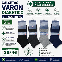 Calcetas diabética liviana sin costuras LY 127 Para varón talla única 39/45 y colores surtidas la docena 