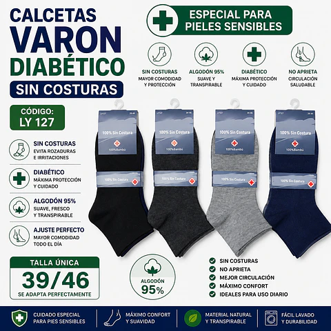 Calcetas diabética liviana sin costuras LY 127 Para varón talla única 39/45 y colores surtidas la docena 