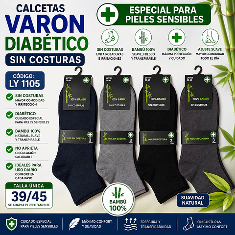 Calcetas diabética liviana sin costuras LY 1105 Para varón talla única 39/45 y colores surtidas la docena 