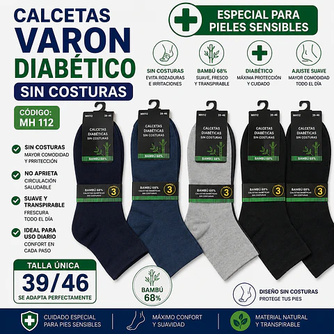 Calcetas diabética liviana sin costuras MH 112 Para varón talla única 39/45 y colores surtidas la docena 