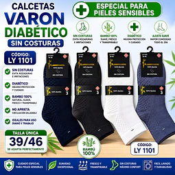 Calcetas diabética liviana sin costuras LY 1101 Para varón talla única 39/45 y colores surtidas la docena 