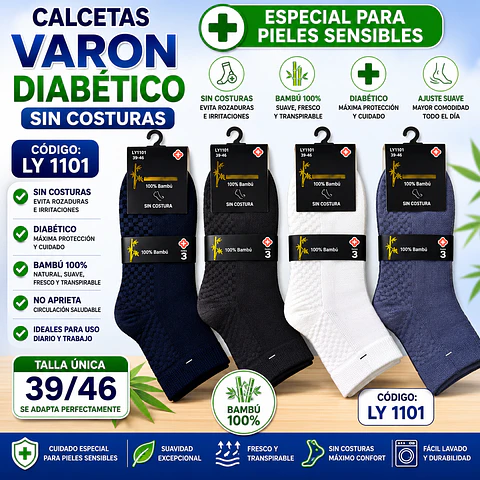 Calcetas diabética liviana sin costuras LY 1101 Para varón talla única 39/45 y colores surtidas la docena 