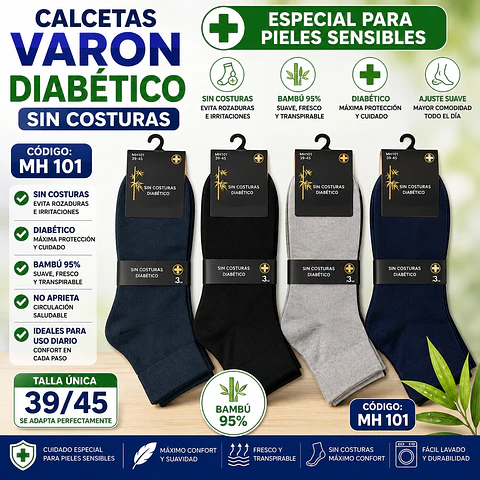 Calcetas diabética liviana sin costuras MH 101 Para varón talla única 39/45 y colores surtidas la docena 