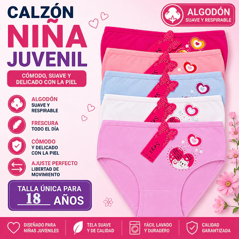 Calzón juvenil algodón talla única para 18 años y colores surtidas la docena 