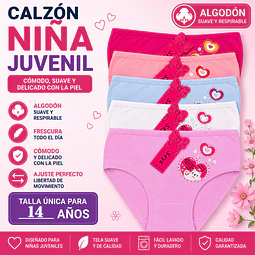 Calzón juvenil algodón talla única para 14 años y colores surtidas la docena 