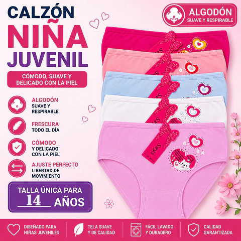 Calzón juvenil algodón talla única para 14 años y colores surtidas la docena 