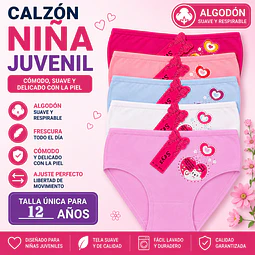 Calzón juvenil algodón talla única para 12 años y colores surtidas la docena 