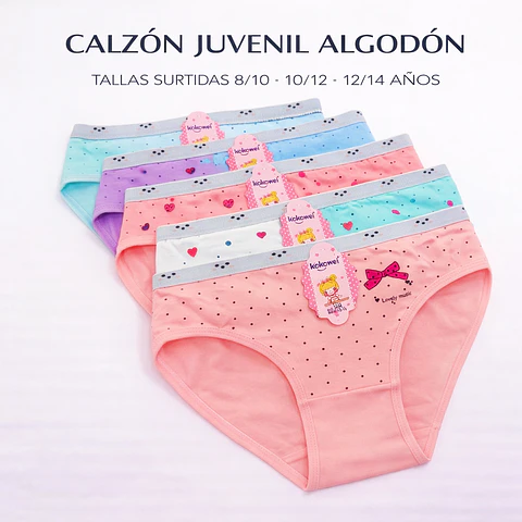 Calzón juvenil algodón tallas y colores surtidas la docena 
