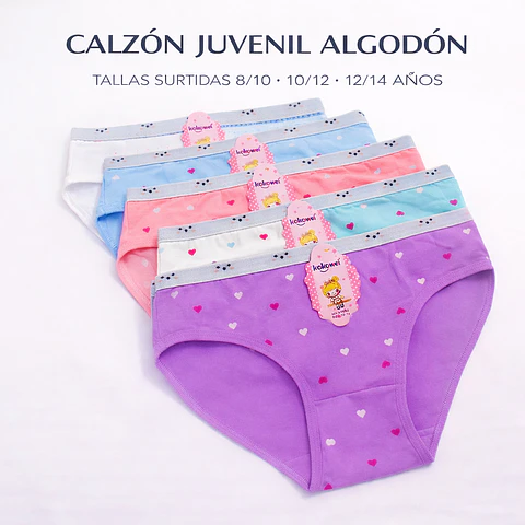 Calzón juvenil algodón tallas y colores surtidas la docena 