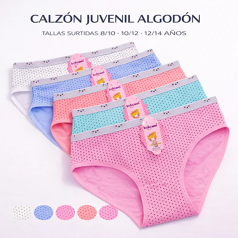 Calzón juvenil algodón tallas y colores surtidas la docena 