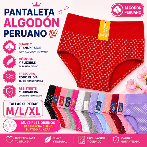 Pantaleta algodón💯 Peruano tallas y colores surtidas la docena 