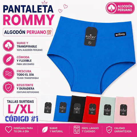Pantaleta ROMMY algodón💯 Peruano tallas y colores surtidas la docena 