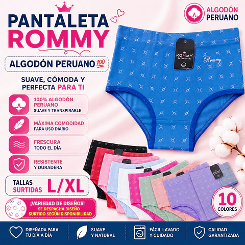 Pantaleta ROMMY algodón💯 Peruano tallas y colores surtidas la docena 