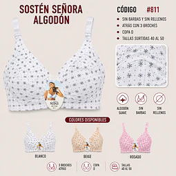 Sostén señora algodón copa D sin barbas y rellenos tallas y colores surtidas la docena 
