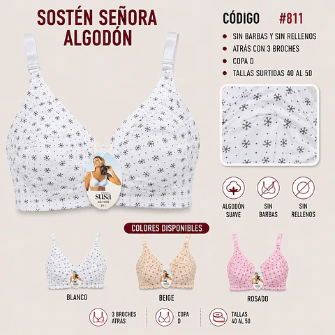 Sostén señora algodón copa D sin barbas y rellenos tallas y colores surtidas la docena 